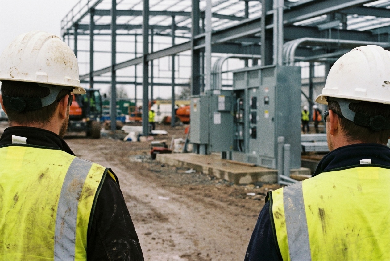 Two infrastructure engineers on a data center construction site reviewing the build
