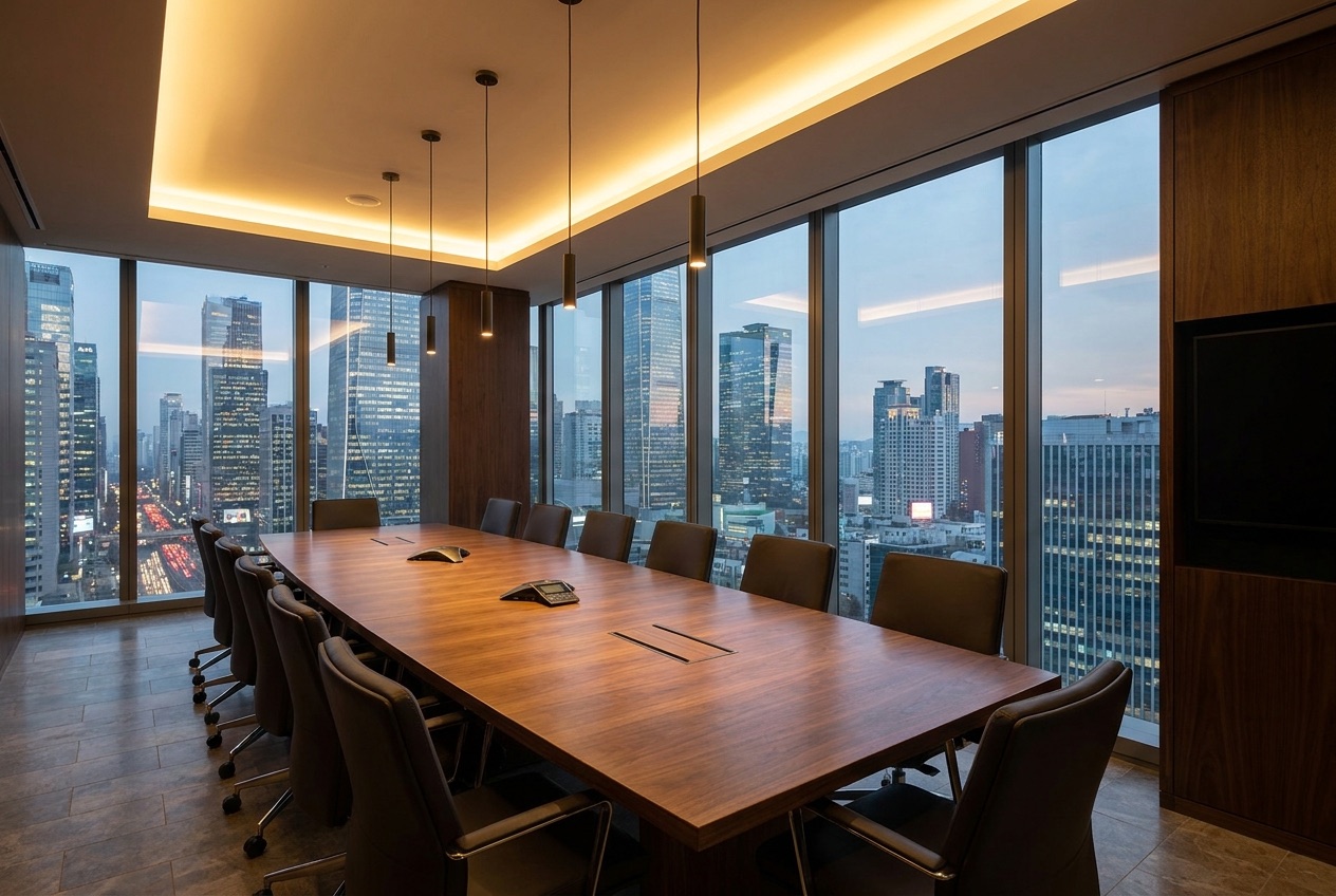 Modern high-rise boardroom overlooking a city skyline at dusk